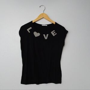 Zara Black Love Graphic Silver Beads Women's Top Size S